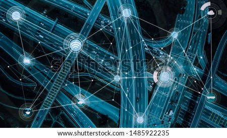 Smart transportation and intelligent communication network of things, wireless connection technologies for courier service business . Royalty-Free Stock Photo #1485922235
