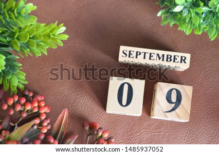 September 9. Number cube in natural concept on leather for the background