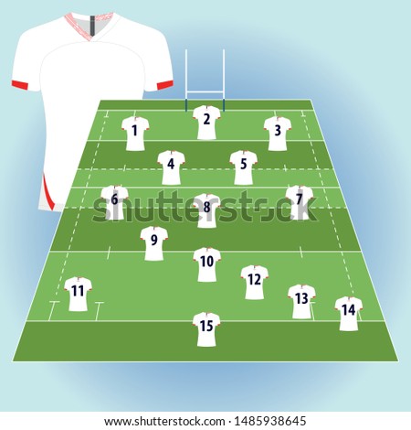Rugby Field with Icon Player and number. Background with white jersey front and back.