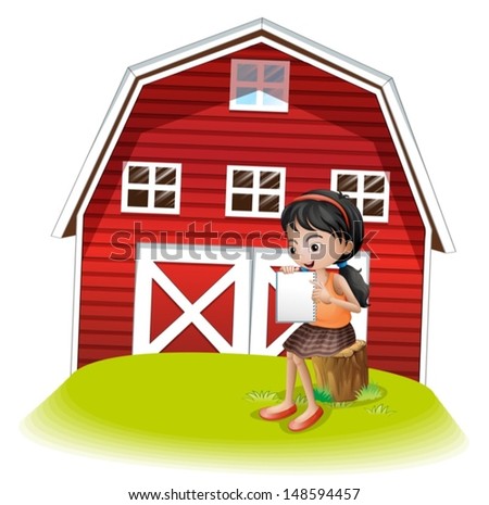 Illustration of a girl reading in front of the barnhouse on a white background