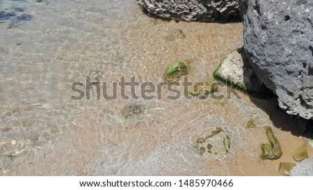The picture is a natural landscape representing the sea, waves, rocks and water