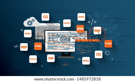 Programming languages for website creation. Website development on Html 5, Php, Js, Ajax, Css 3, Jquery, Xml. Online & offline courses on coding, programming, SEO. Vector banner for forum, conference Royalty-Free Stock Photo #1485972818