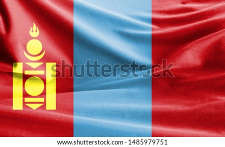 Realistic flag of Mongolia on the wavy surface of fabric