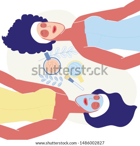 Spa Resort Procedure Flat Vector Illustration. Young Beauty Parlor Clients Cartoon Character. Girlfriends Applying Homemade Clay Masks. Wrinkles Treatment, Women Skincare. Relaxing Skin Therapy