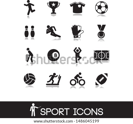 
Gym and sport icons set. Icon competition of baseball, bowling, football, tennis, basketball, soccer . Pictograms vector illustration. 