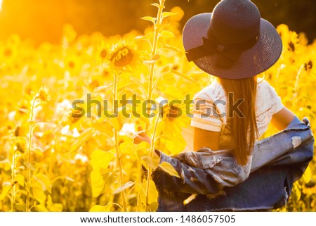 Young beautiful girl on a sunflower field at sunset. Beautiful photo on the screen saver