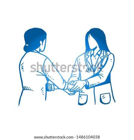 Sketch draw of two young happy female doctors shake hands when meeting in the hospital lobby. Healthcare hand drawn concept. Isolated vector illustration design with white background