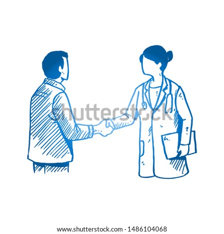 Sketch draw of young female doctor handshakes her male patient after she examining his health condition. Healthcare hand drawn concept. Isolated vector illustration design with white background