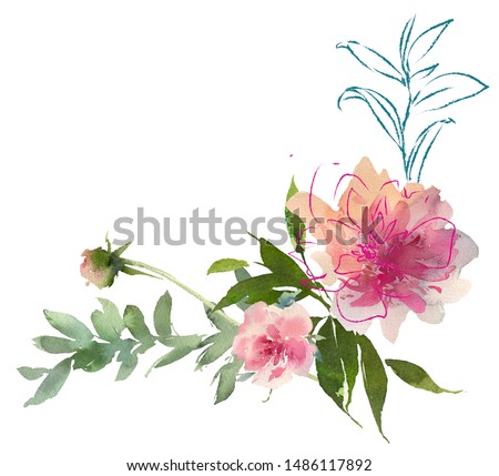 Pink Blush Turquoise Gold Watercolor Floral Arrangement Isolated on White Background