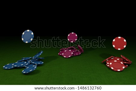 3d rendering of coulored casino chips falling on a green table. Black background