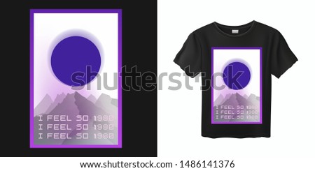 Japanese Aesthetic Vaporwave T-shirt Print Template with Sun and Mountains: 90s 80s Retro Japan Cartoon Kawaii Otaku Hipster Style, Synthwave, Retrowave Neon Color Pastel Tones.