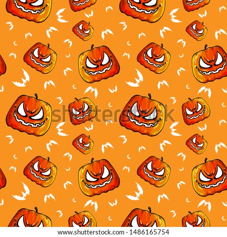 Halloween. Set scary pumpkins and bats. Seamless colorful pattern. Template design packing, orange background, textiles of festive for Halloween. Vector illustration