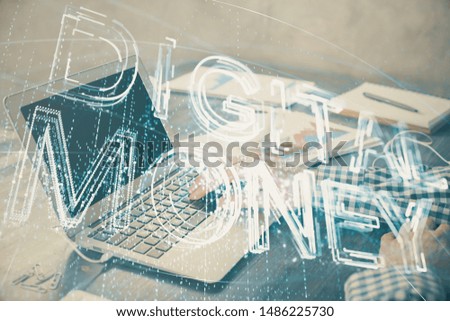 Blockchain theme hologram with man working on computer on background. Concept of crypto chain. Double exposure.