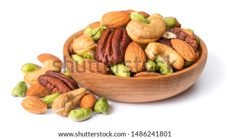unsalted mixed nuts in the wooden bowl, isolated on white background Royalty-Free Stock Photo #1486241801
