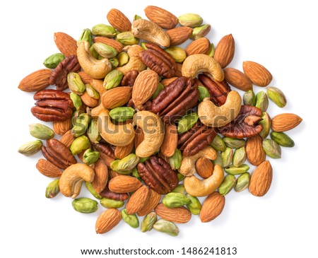unsalted mixed nuts isolated on white background, top view Royalty-Free Stock Photo #1486241813