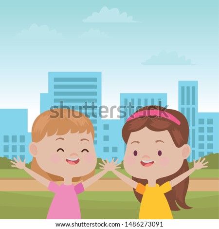 Happy kids girls playing and having fun in the park over cityscape urban scenery ,vector illustration graphic design.