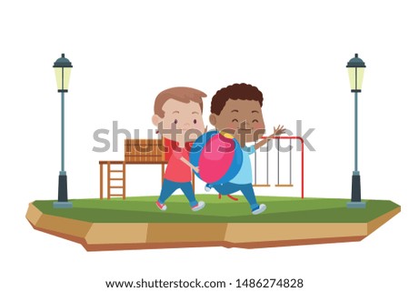 happy kids boys playing and having fun with ball at park with playgrounds ,vector illustration graphic design.