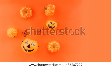 halloween background orange decorated holidays festive concept / spider and jack o lantern pumpkin halloween decorations for party accessories object , top view aerial image flat lay copy space