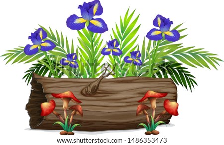 Iris flowers and mushrooms on white background illustration