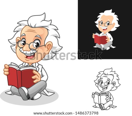 Happy Old Man Professor with Glasses Reading a Book Cartoon Character Design, Including Flat and Line Art Designs, Vector Illustration, in Isolated White Background.