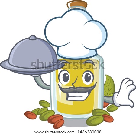 Chef with food Pistachio oil in a character bottle