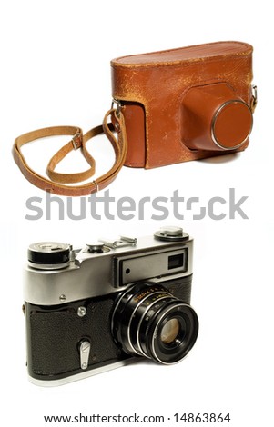 old-fashioned photo camera and leather case isolated on white. used look.