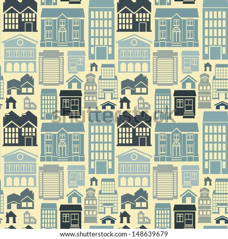 Vector seamless pattern with houses and building icons in  flat retro style