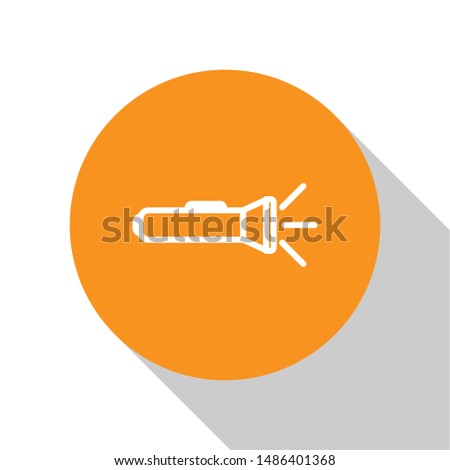 White Flashlight icon isolated on white background. Orange circle button. Vector Illustration