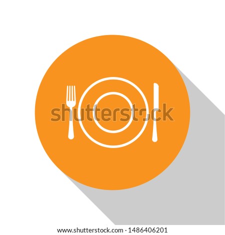 White Plate, fork and knife icon isolated on white background. Cutlery symbol. Restaurant sign. Orange circle button. Vector Illustration