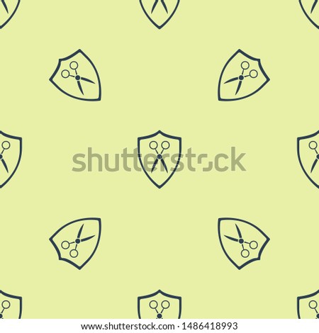 Blue Scissors hairdresser and shield icon isolated seamless pattern on yellow background. Hairdresser, fashion salon and barber sign. Barbershop symbol.  Vector Illustration