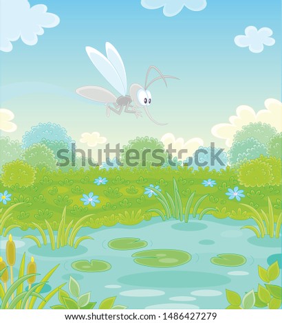 Funny grey mosquito flying over a green water meadow and a small blue pond on a pretty summer day, vector illustration in a cartoon style