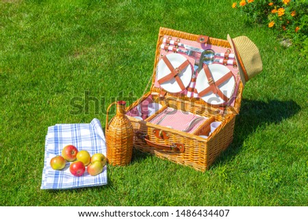 Picnic basket on green sunny lawn in the park