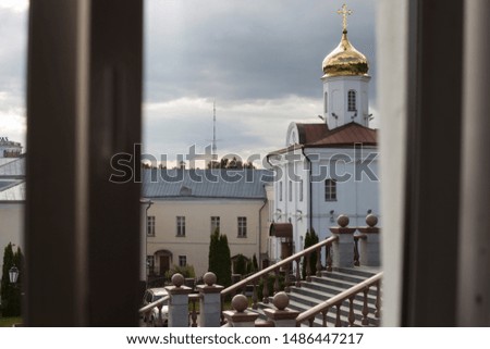 view from the window of the orthodox church and granite steps