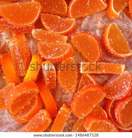 Macro photo jelly candies. Marmalade dessert food orange jelly candy