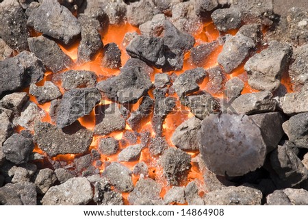 close-up shot of a furnace with hot flaming coal