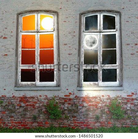 Conceptual view of sunset Sun and night full Moon stages of day from retro window in the middle of  abandoned brick wall with growing green plants 