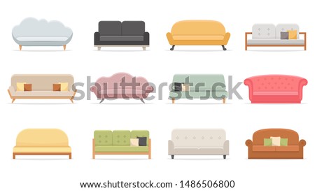 Comfortable sofas. Luxury couch for apartment, comfort sofa models and modern house sofas. Domestic couch furniture, cozy luxury fashion sofas. Flat vector isolated illustration icons set Royalty-Free Stock Photo #1486506800