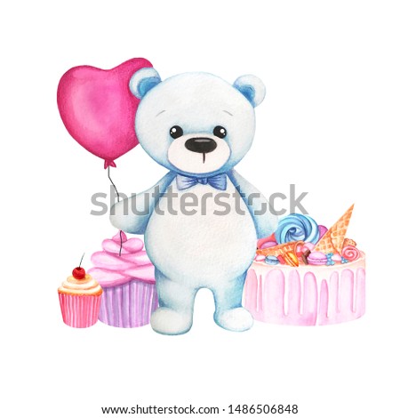 Watercolor illustration with blue cute bear, sweets, cake and pink balloon. Print for greeting cards, invitations, children's textiles and posters.