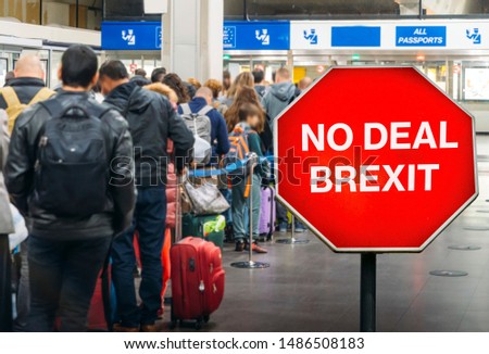 No Deal Brexit digital composite of people queuing at generic EU europe. UK is set to leave the EU by default on October 31st, 2019 leading to likely disruption to freedom of movement Royalty-Free Stock Photo #1486508183