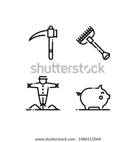 Simple Set of farming Related Vector Line Icons. Contains such Icons as scythe, rake, scarecrow, pig.