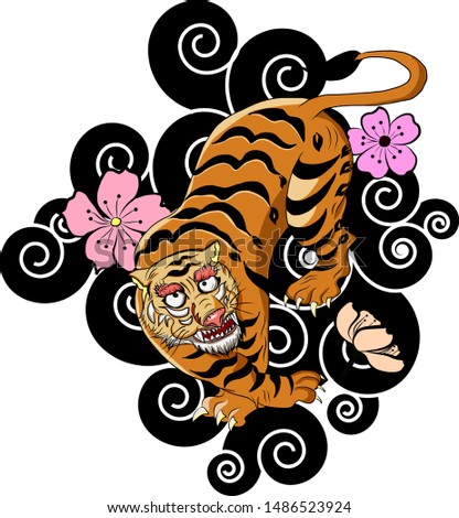 Tiger with cherry blossom and cloud for T-shirt on background.