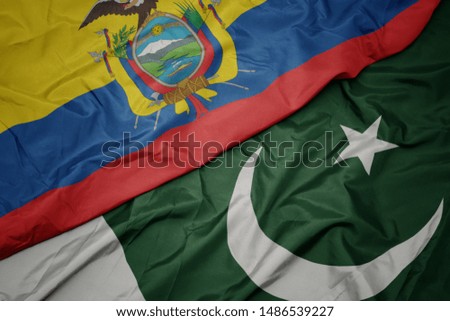 waving colorful flag of pakistan and national flag of ecuador. macro