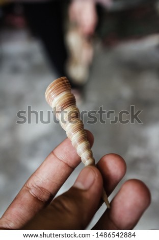 A man holds shells in a traditional shell craft place in the coast of Semarang, Central Java, Indonesia.