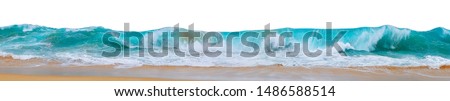 Powerful ocean waves with white foam isolated on a white background. Banner format. Marine beach background.