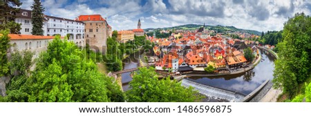 City landscape, panorama, banner - view over the historical part Cesky Krumlov with Vltava river in summer time, Czech Republic