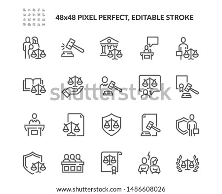 Simple Set of Court Related Vector Line Icons. Contains such Icons as Hammer, Justice, Lawyer and more. Editable Stroke. 48x48 Pixel Perfect. Royalty-Free Stock Photo #1486608026