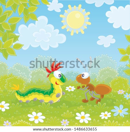 Funny colorful caterpillar and brown ant friendly talking on a green glade of a forest on a pretty summer day, vector illustration in a cartoon style
