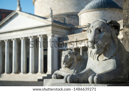 Scenic view of the San Francisco Basilica dominated by the grand lionesses guarding the Piazza del Plebiscito Plaza in Naples, Italy