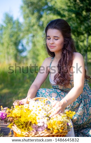 nice girl resting she narwhal a whole basket of wildflowers