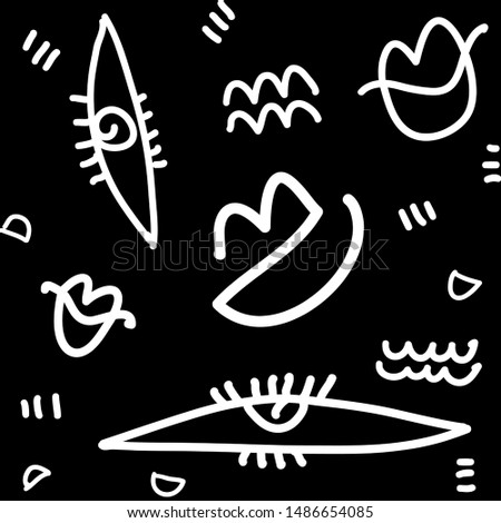 Hand drawn seamless pattern, eyes lips element design, abstract background, black and with design wallpaper. Vector illustration.